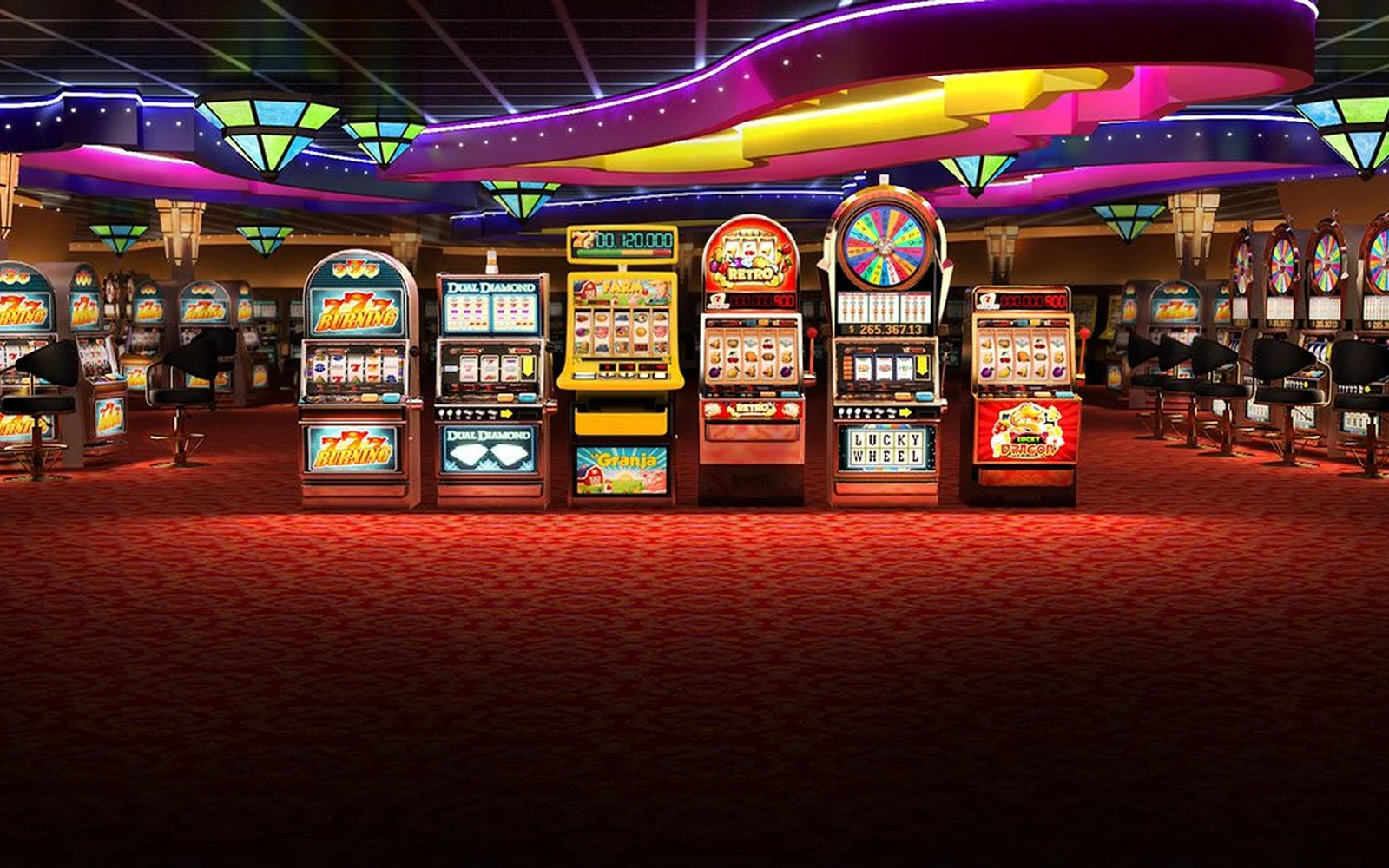 Layar video slot bertema dengan reel, karakter, dan efek permainan